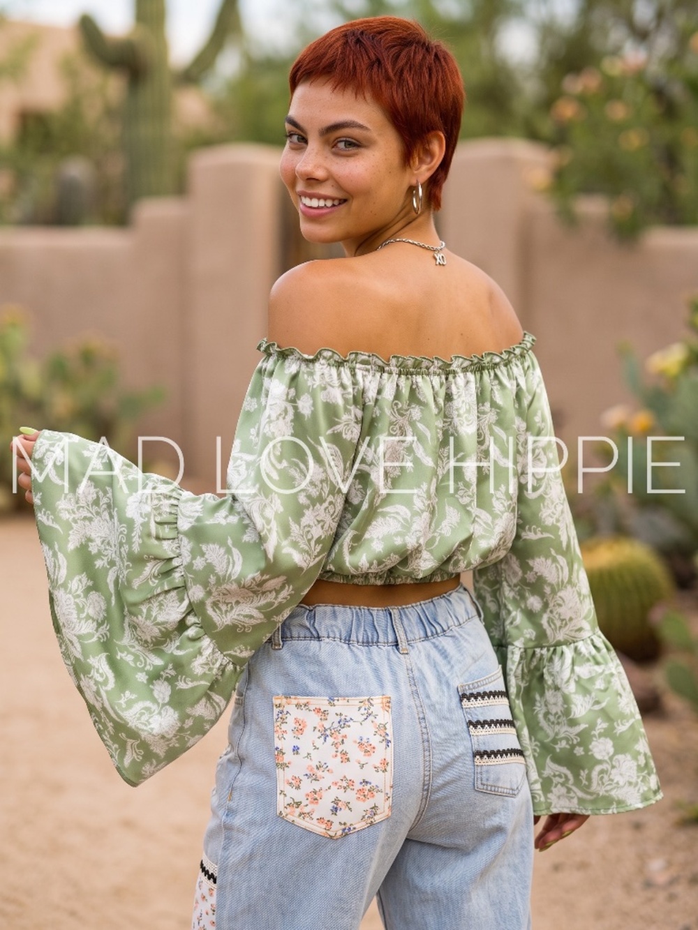 Peach Love Sage Green Floral Crop Top | Satin Off Shoulder Bubble Bell Sleeve - Picture 4 of 7